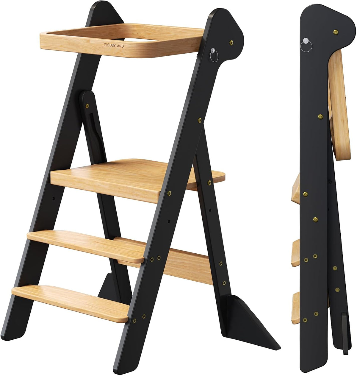 COSYLAND Foldi - Taburete de cocina plegable para niños pequeños, altura ajustable, torre de pie para niños de 18 meses a 6 años, color negro y natural