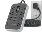 Protector de sobretensiones de regleta de alimentación: cable de extensión de enchufe plano de 5 pies, 8 salidas de CA y 6 puertos USB (3 USB C), protección contra sobretensiones 1080 J, estación de