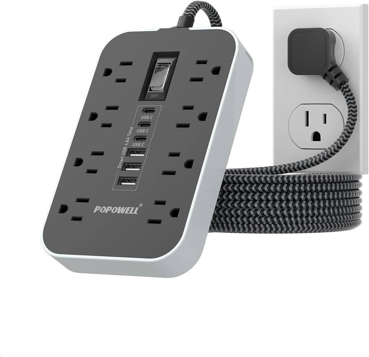 Protector de sobretensiones de regleta de alimentación: cable de extensión de enchufe plano de 5 pies, 8 salidas de CA y 6 puertos USB (3 USB C), protección contra sobretensiones 1080 J, estación de