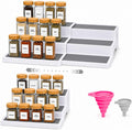Paquete de 2, organizador de especias expandible de 3 niveles para gabinete y estante de despensa de cocina, estantes antideslizantes para especias, condimentos, alimentos enlatados, organizador de botiquín - Incluye embudos de silicona