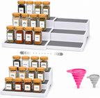 Paquete de 2, organizador de especias expandible de 3 niveles para gabinete y estante de despensa de cocina, estantes antideslizantes para especias, condimentos, alimentos enlatados, organizador de botiquín - Incluye embudos de silicona