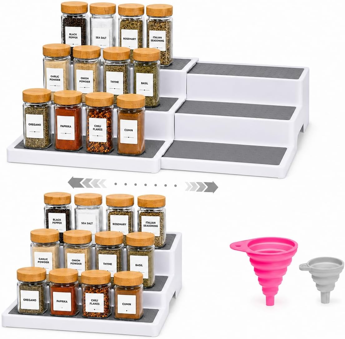 Paquete de 2, organizador de especias expandible de 3 niveles para gabinete y estante de despensa de cocina, estantes antideslizantes para especias, condimentos, alimentos enlatados, organizador de botiquín - Incluye embudos de silicona