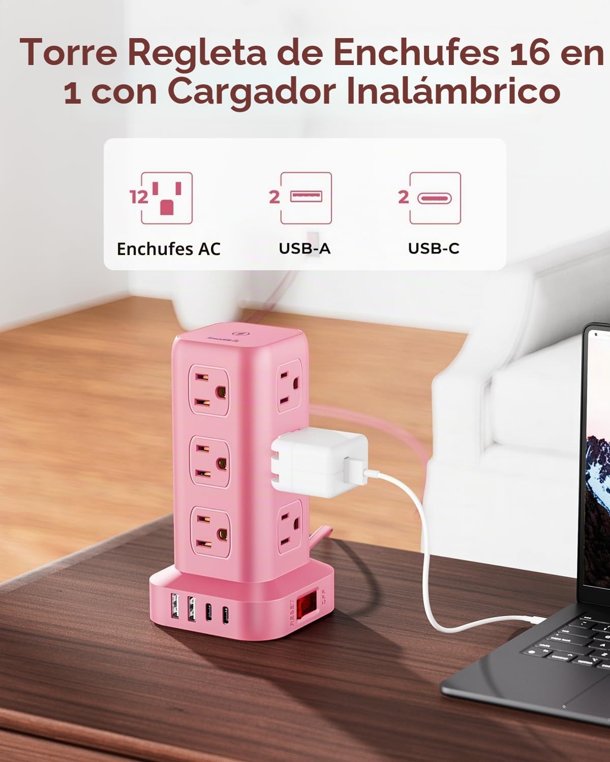 Regleta de alimentación con 12 tomas, 4 USB (1 USB C), cable de extensión de 6.5 pies con múltiples tomas, estación de carga, torre de regleta de alimentación rosa, suministros de escritorio de