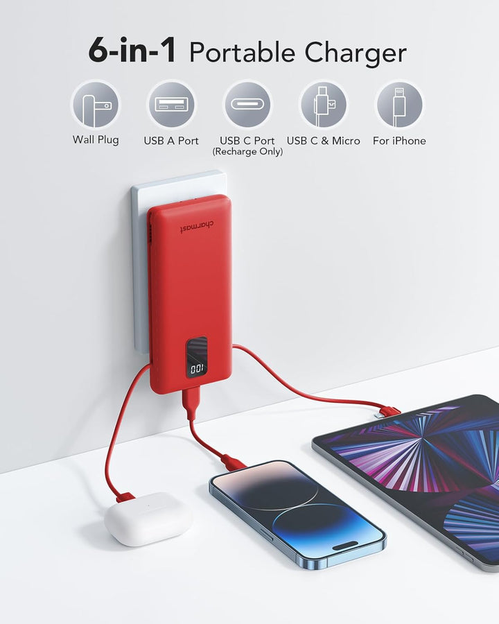 charmast Cargador portátil, banco de energía, cables integrados y e...