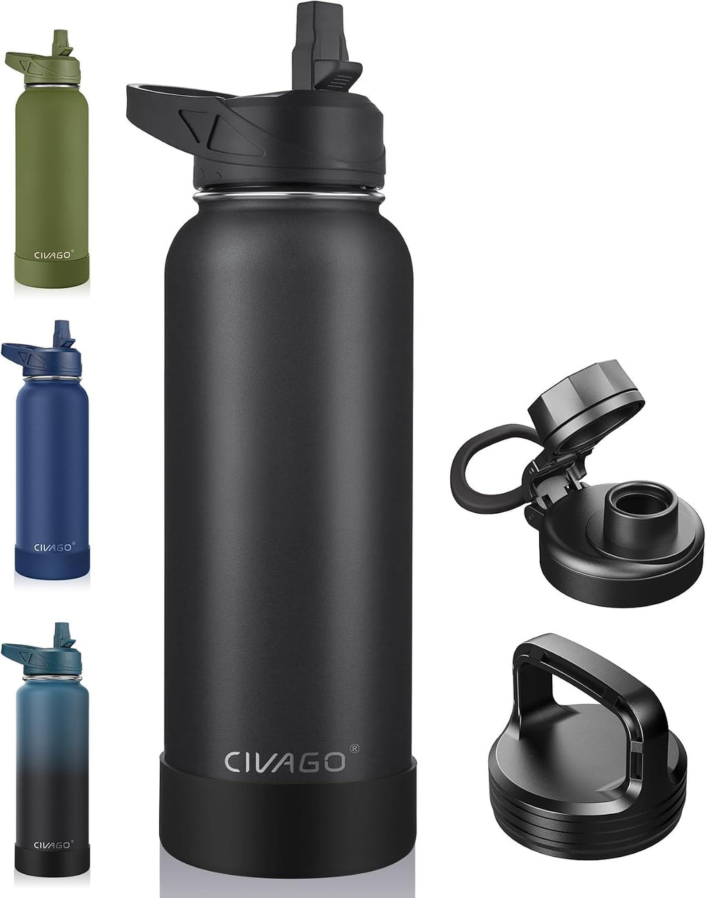 CIVAGO Botella de agua aislada de 40 onzas con pajita, frasco de agua deportiva cantimplora de acero inoxidable con 3 tapas (pajita, boquilla y tapa con asa), taza cantimplora térmica de viaje de