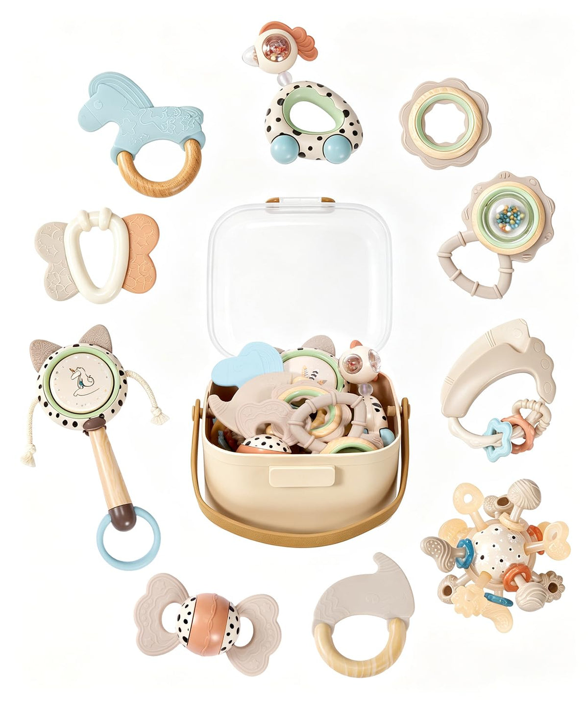Juguetes de dentición para bebés de 3 a 6 meses, juego de 10 piezas de sonajeros y mordedores, juguetes sensoriales para bebés, sin BPA, con formas de fácil agarre