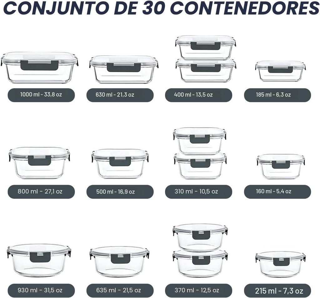 VERONES - Juego de 30 recipientes de vidrio para almacenamiento de alimentos con tapas, color gris