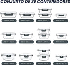 VERONES - Juego de 30 recipientes de vidrio para almacenamiento de alimentos con tapas, color gris