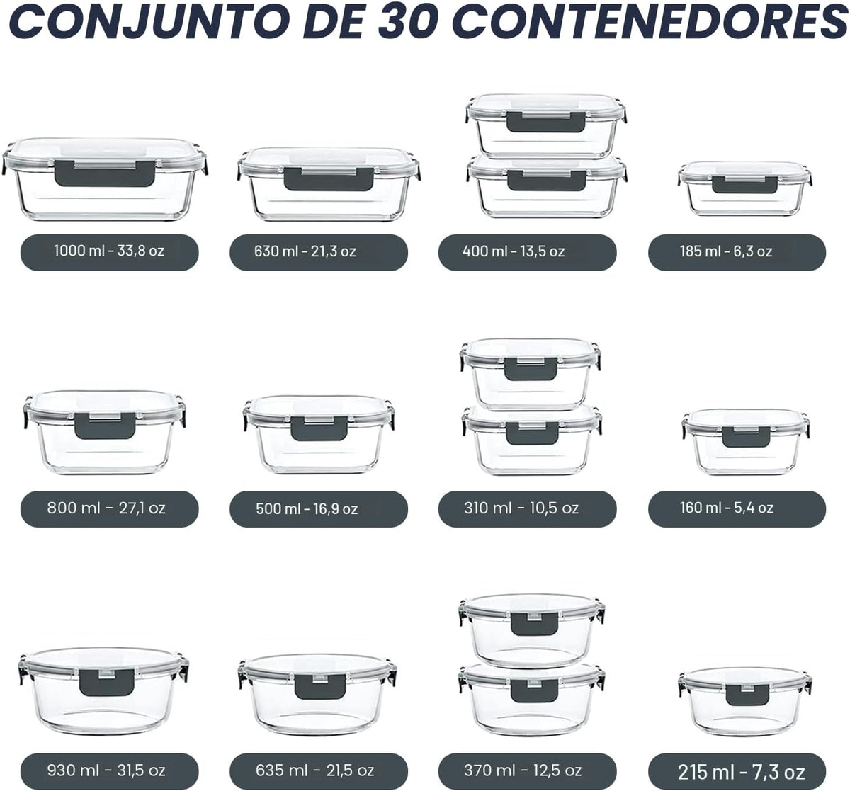 VERONES - Juego de 30 recipientes de vidrio para almacenamiento de alimentos con tapas, color gris