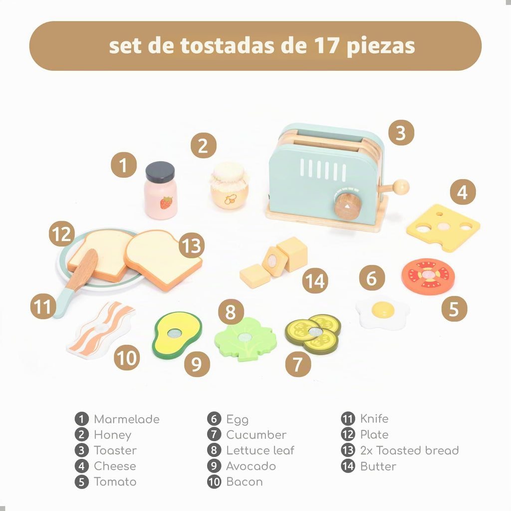 UMU® Tostadora de madera y juego de sándwiches – Incluye tostadora emergente, mantequilla rebanable, accesorios de cocina y más – Juguete de simulación para niños de 3 4 5 6 años