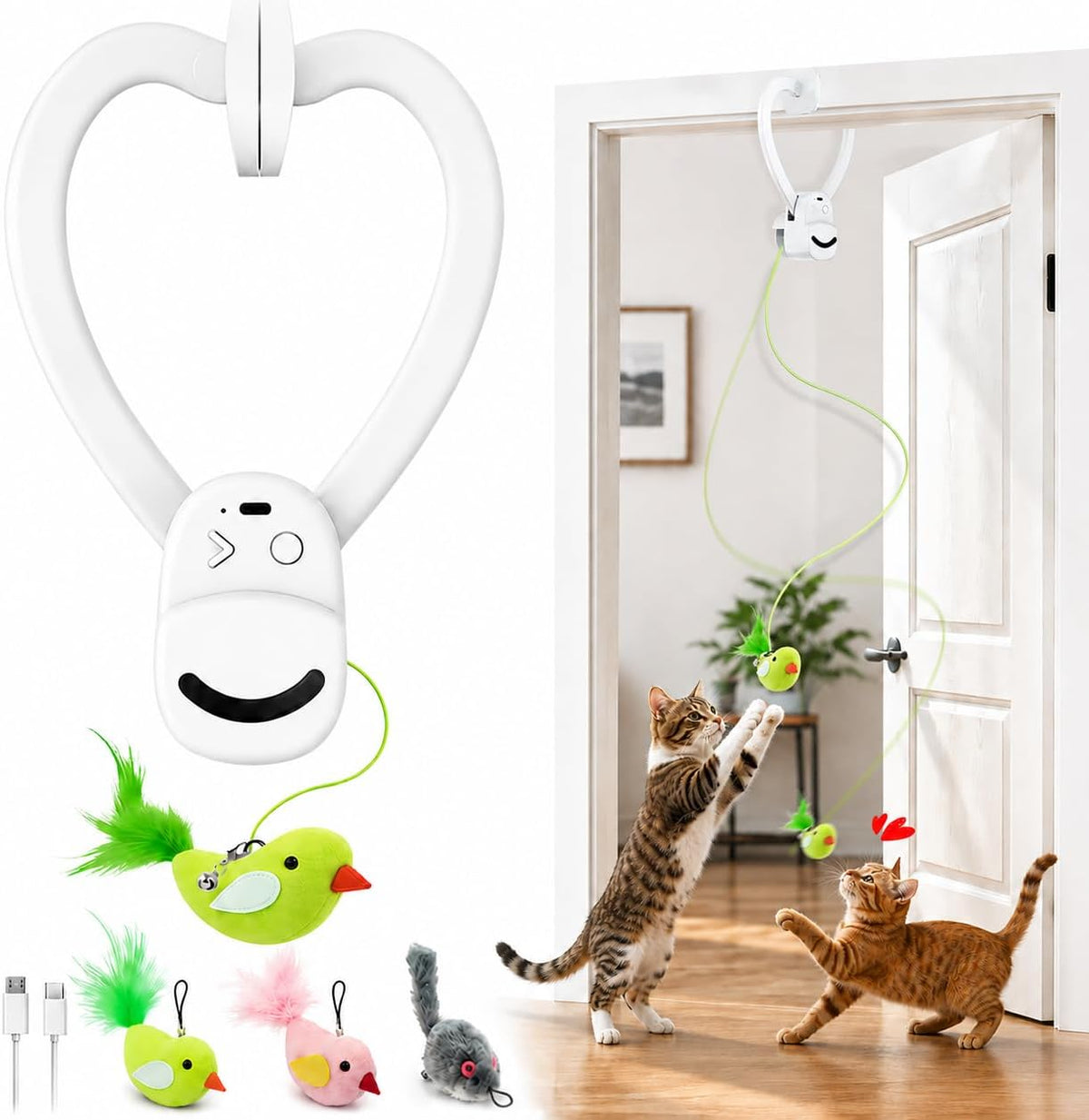Juguetes interactivos para gatos de interior: varita de plumas de ave voladora automática, ejercicio de persecución, enriquecimiento, estimulación, USB recargable, duradero, seguro, juguete colgante