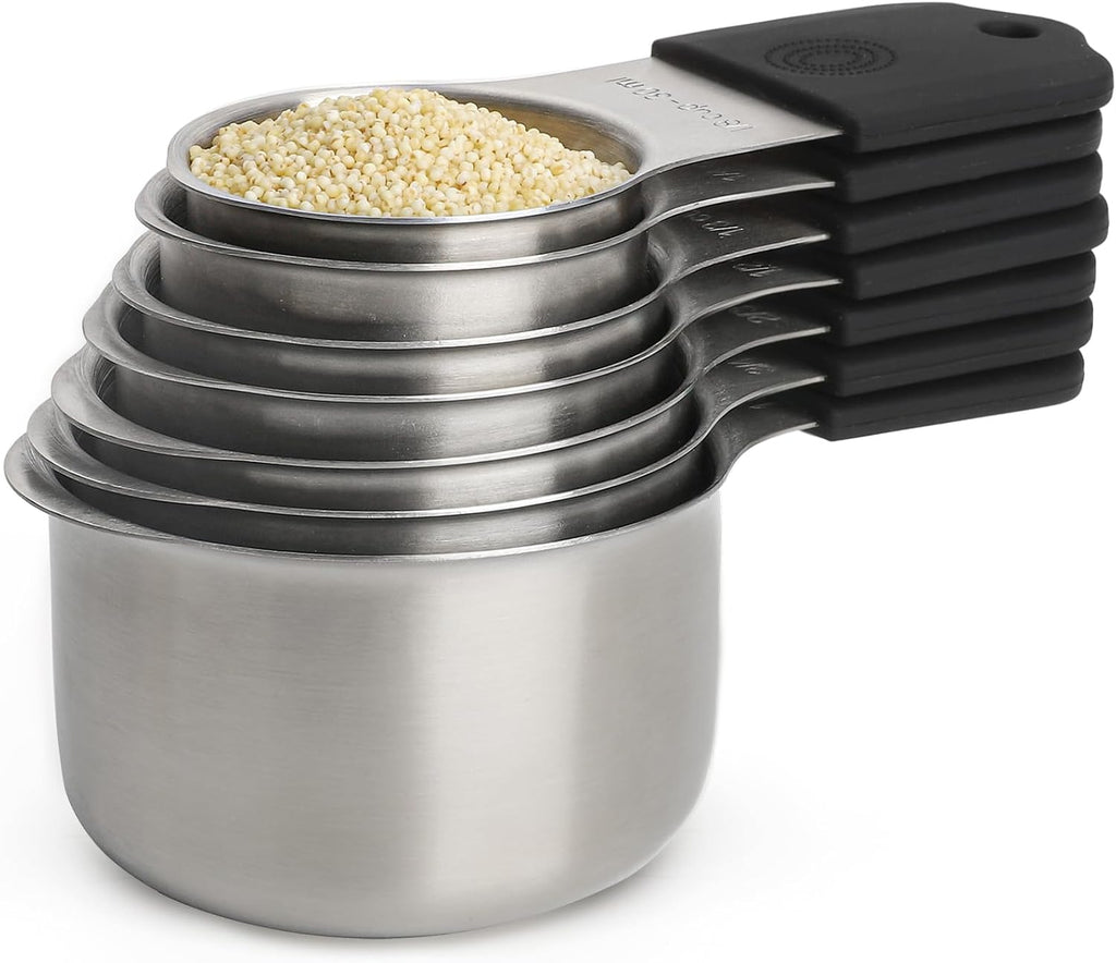 Juego de 16 tazas y cucharas medidoras magnéticas, juego de 7 tazas medidoras magnéticas de acero inoxidable y cucharas medidoras magnéticas con nivelador para ingredientes líquidos secos (7, negro)