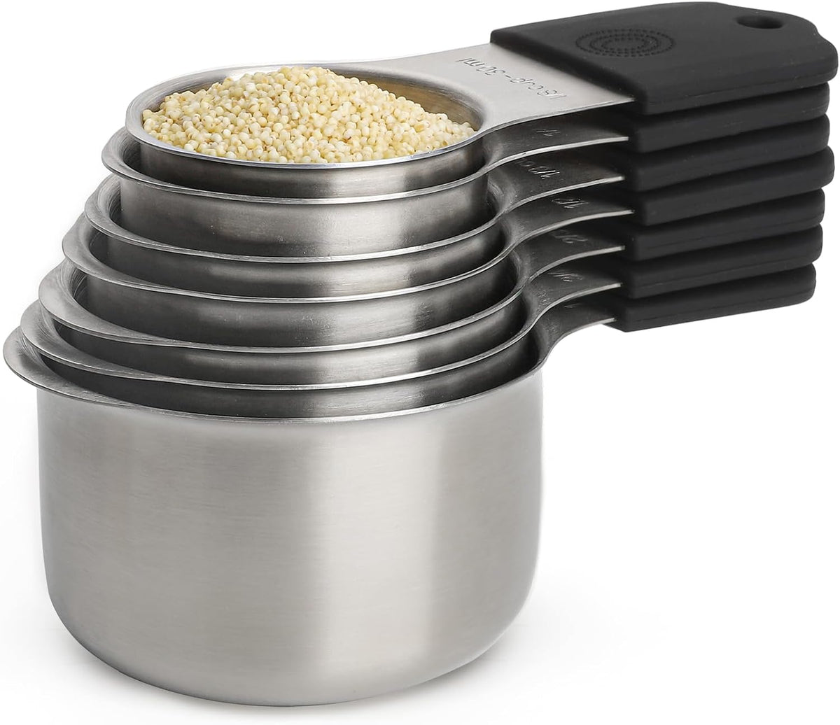 Juego de 16 tazas y cucharas medidoras magnéticas, juego de 7 tazas medidoras magnéticas de acero inoxidable y cucharas medidoras magnéticas con nivelador para ingredientes líquidos secos (7, negro)