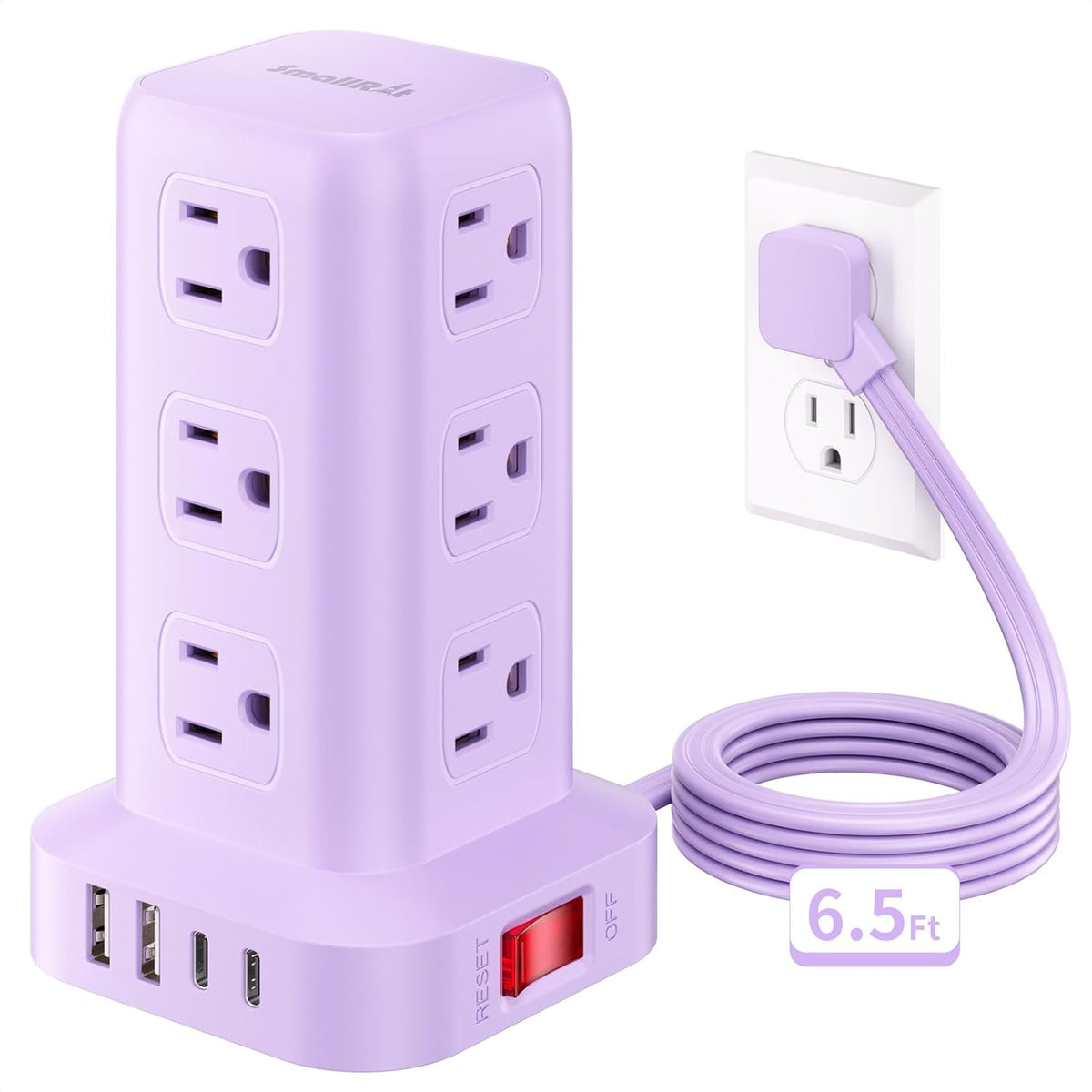 SMALLRT - Cable de extensión con múltiples tomas, torre de regleta de alimentación SMALLRT con 12 salidas de CA, 4 USB, cable de extensión de 6.5 pies para el hogar, dormitorio, suministros de oficina