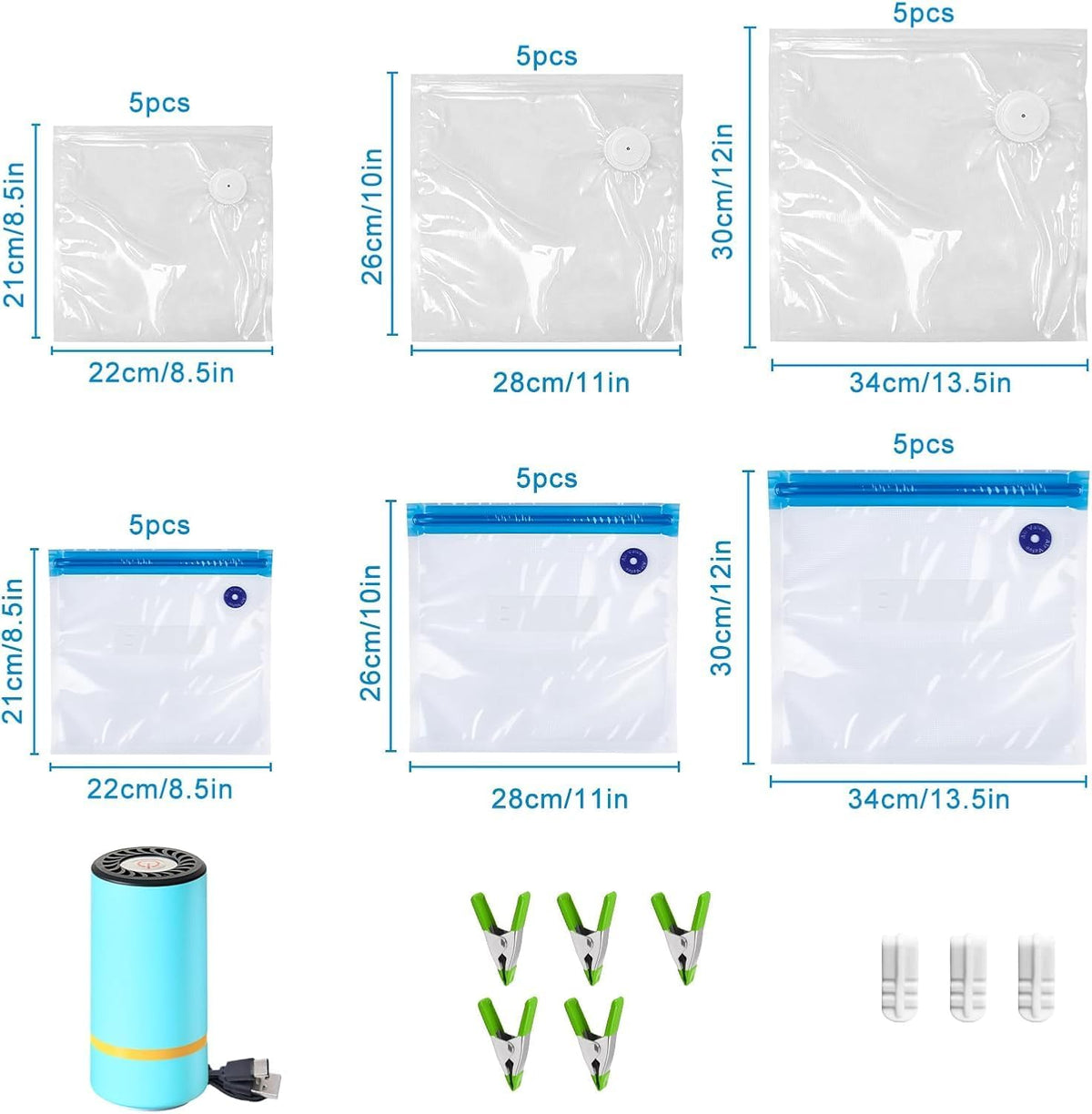 MEGAWISE Paquete de 39 bolsas selladas al vacío sin BPA con bomba de aire, bolsas reutilizables para almacenamiento de alimentos en 3 tamaños, con/sin válvula, aptas para microondas y congelador, para