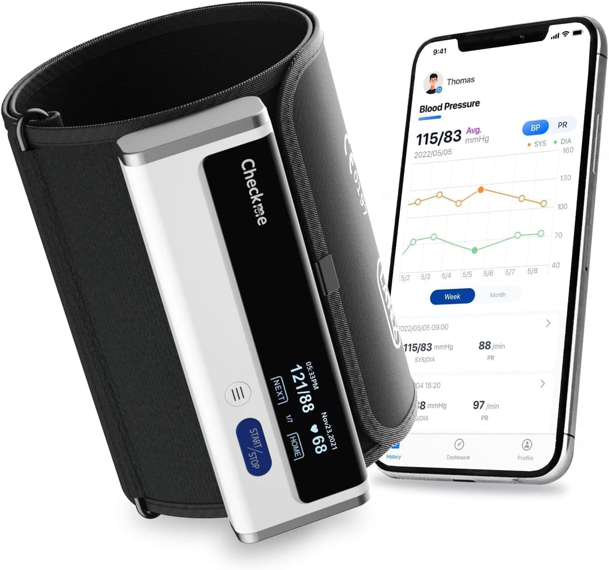 Checkme BP2A - Monitor de presión arterial para uso doméstico y parte superior del brazo, brazalete de máquina Bluetooth BP, lecturas digitales precisas en 30 segundos