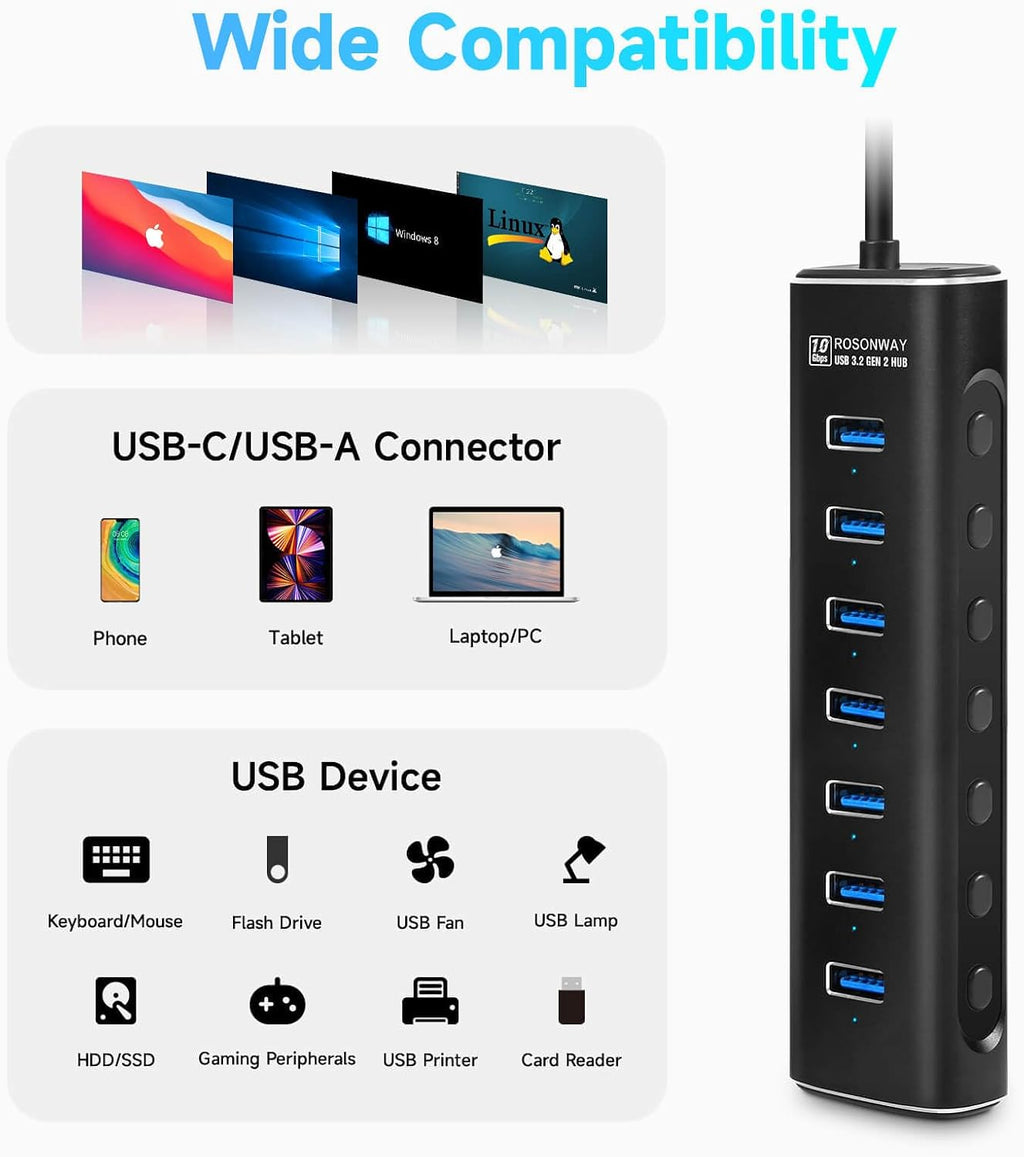 Rosonway, RSH-A107, hub USB 3.2 de 7 puertos, alimentado, adaptador 12V/2A