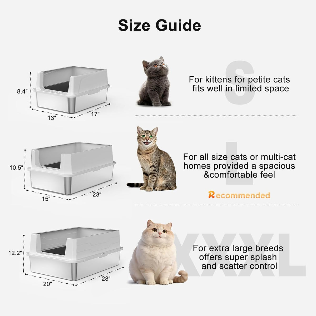 FURTIME Caja de arena para gatos de acero inoxidable, caja de arena de