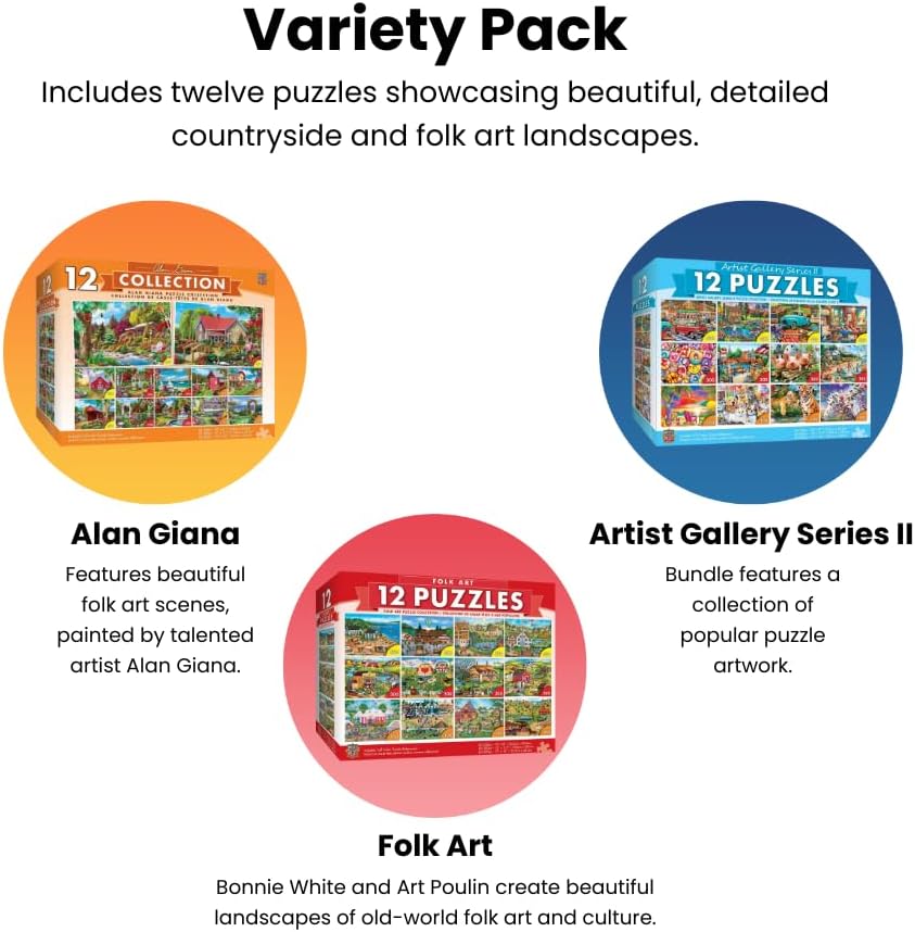 MasterPieces Paquete de 12 Rompecabezas para Adultos, Familia o Niños - Paquete de 12 Rompecabezas de la Galería de Artistas - Rompecabezas de 500, 300 y 100 Piezas