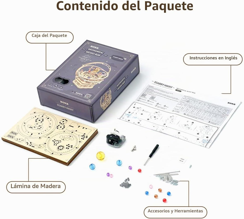 ROKR Rompecabezas 3D para adultos, caja de música Orrery, juego de construcción de modelo de madera, kit de manualidades de madera para bricolaje, kit de sistema solar, juguetes STEM, regalos para hombre y mujer