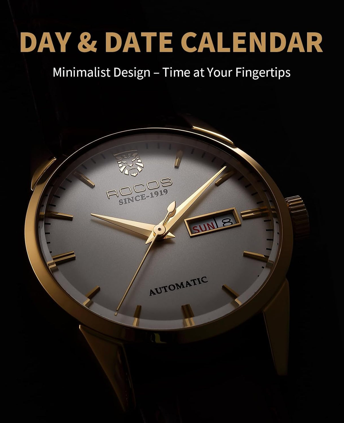 ROCOSJEWE R0101 Reloj Automático Mecánico para Hombre de Lujo Dorado Reloj Clásico Retro Correa de Cuero Marrón Impermeable Regalo para Hombre Moda Negocios