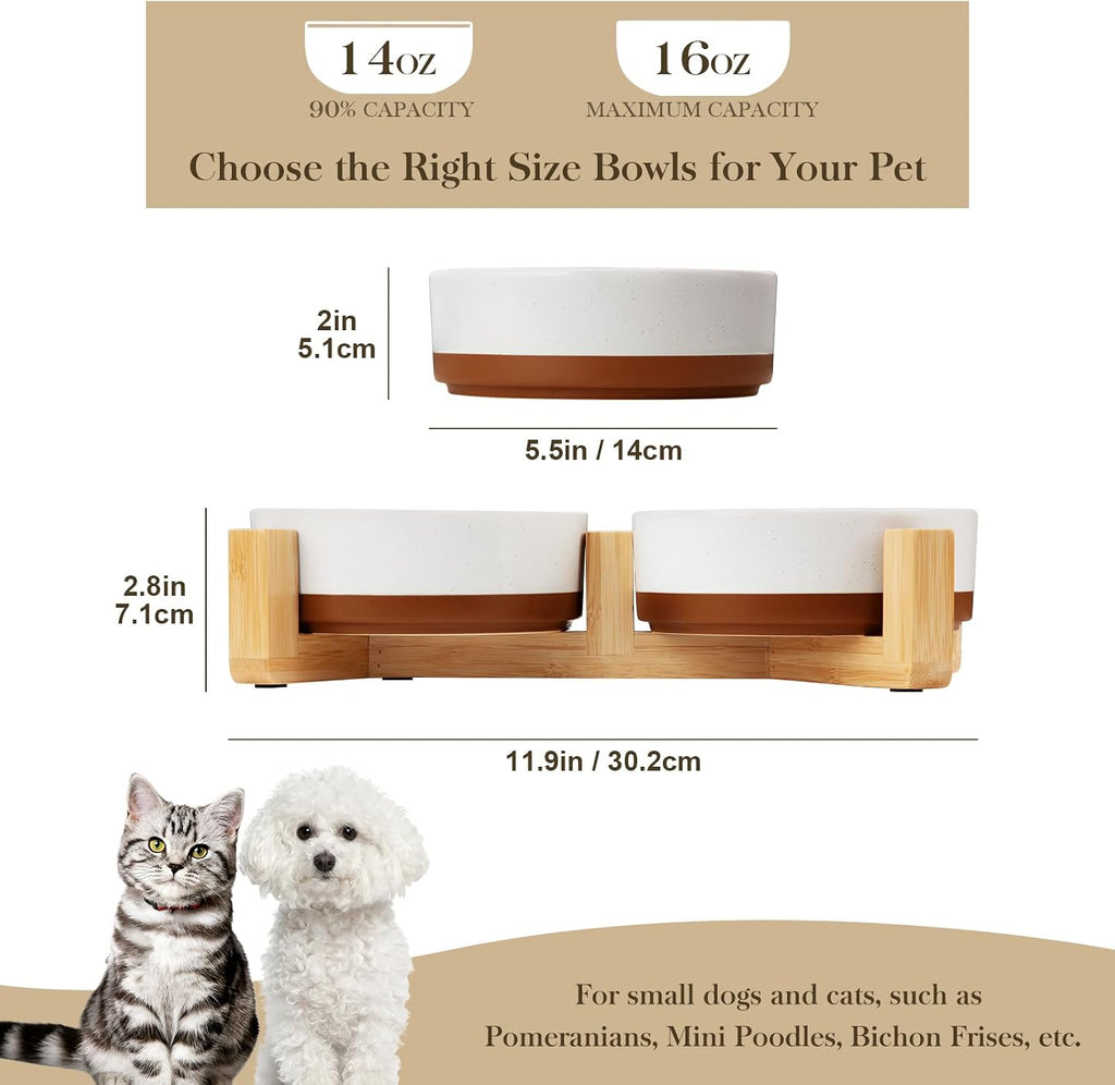 MALACASA Cuencos de cerámica para perros de tamaño pequeño con soporte de madera, cuencos de cerámica para cachorros de 1.5 tazas para gatos y perros pequeños, cuencos dobles para alimentos y agua con base antideslizante pesada, esmalte mate, 14 onzas
