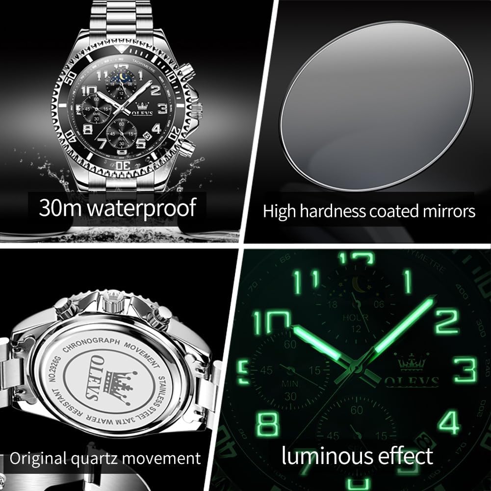 OLEVS Reloj de caballero lujo cronógrafo acero inoxidable pulsera vestimenta impermeable reloj analógico de cuarzo gran esfera luminosa