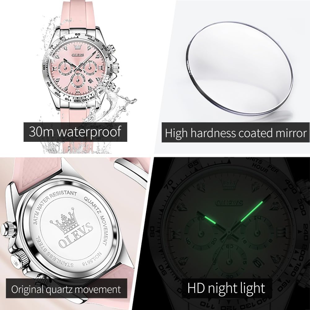 OLEVS Relojes de diamante de lujo pequeños para mujer - Pulsera de acero inoxidable, impermeables, analógicos, luminosos, con fecha, relojes de vestir de negocios para damas