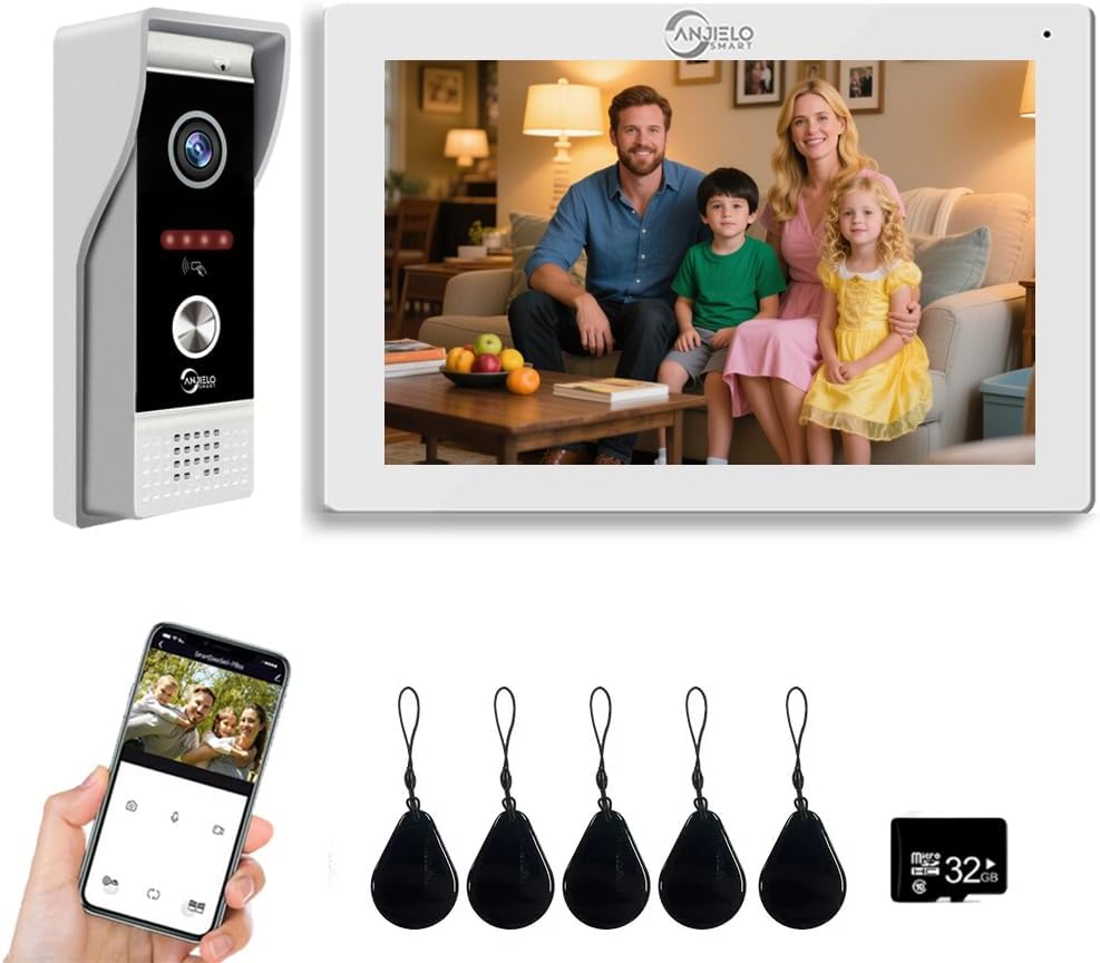 ANJIELO SMART Timbre de video con cable con monitor interior, sistema de portero de video, cámara de entrada de puerta cableada con audio bidireccional, detección de movimiento, desbloqueo remoto para