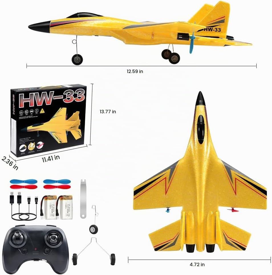 SU-27 Avión RC de 2.4 GHz, avión de control remoto de 2 canales con luces nocturnas giroscopio y 2 baterías, fácil de volar para adultos, principiantes y niños, juguete amarillo