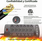 Regleta protectora de sobretensiones de 18 tomacorrientes – Cable de extensión de enchufe plano de 15 pies resistente con 18 tomas amplias y 4 puertos USB, 2100 julios, negro, certificación ETL