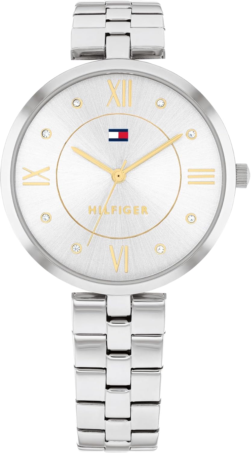 Tommy Hilfiger Reloj para Mujer – Movimiento de cuarzo de 34 mm, caja de acero inoxidable y brazalete de eslabones delgados, esfera con recortes en diamante, números romanos y acentos de cristal – Reloj de vestir elegante