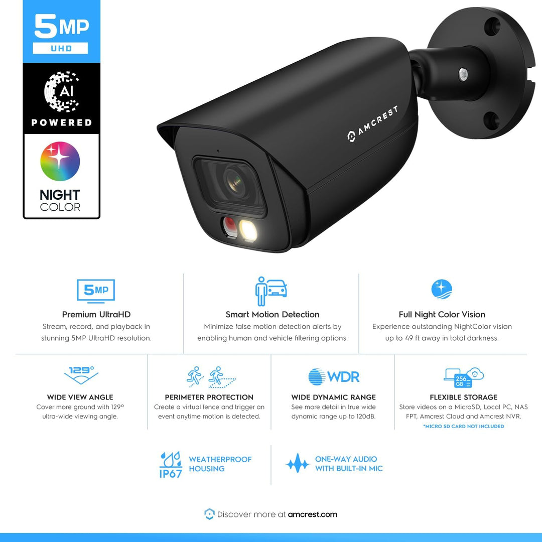 Amcrest Cámara IP PoE AI de 5MP con visión nocturna a color de 49 p...