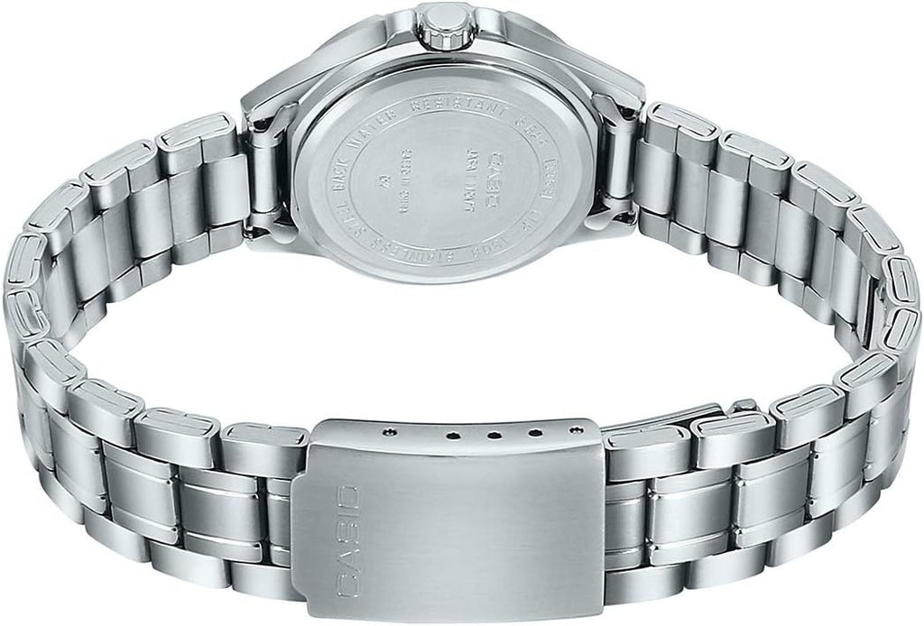 Casio #LTP1308D-4AV Reloj analógico de acero inoxidable con esfera rosa y fecha para mujer