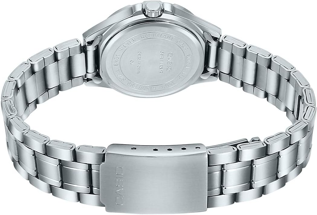 Casio #LTP1308D-4AV Reloj analógico de acero inoxidable con esfera rosa y fecha para mujer