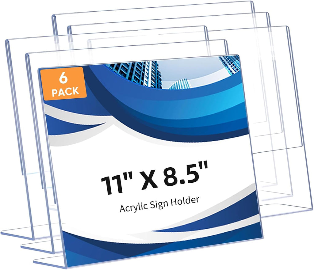 6 Pack L Shape Slanted Back 11x8.5 Plastic Sign Holders con Anti-Slip Pads, Business & Store Acrylic Tabletop Display Stand para Flyers, Menus, Documents, Price, Wedding, Party Decoration