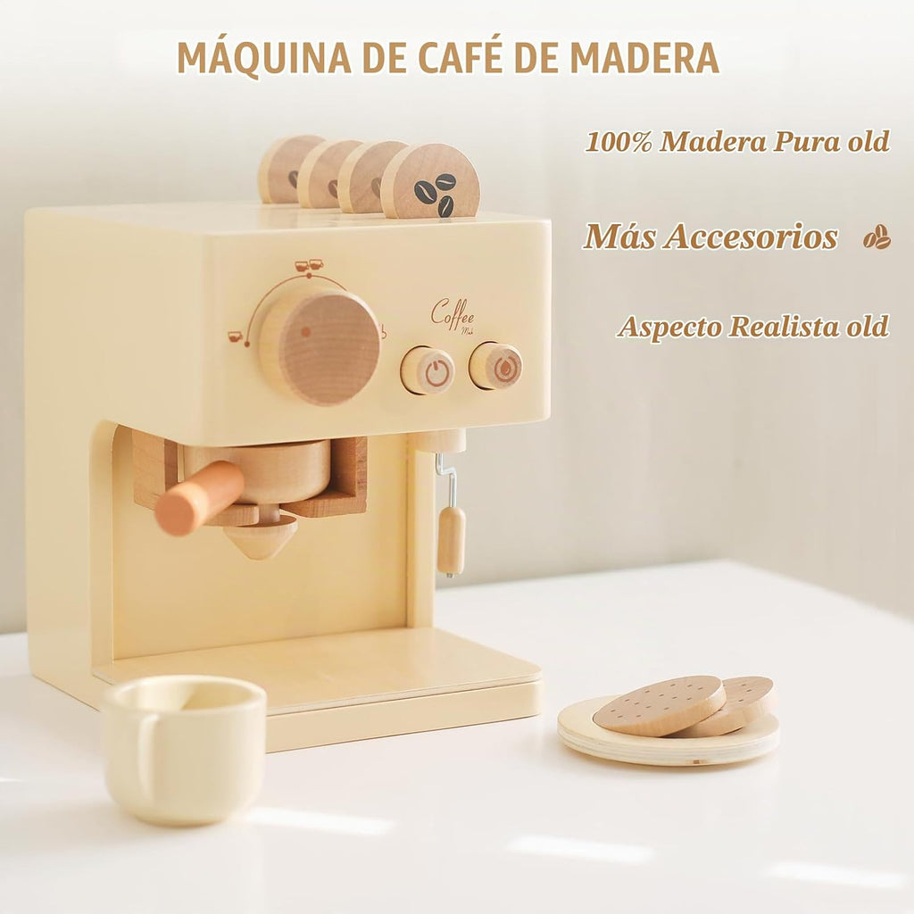 ibwaae Cafetera para niños, 10 piezas, juego de cafetera de juguete, juego de cocina de madera, juguetes para niños pequeños, accesorios de cocina, juegos de comida de juego de simulación para niñas y