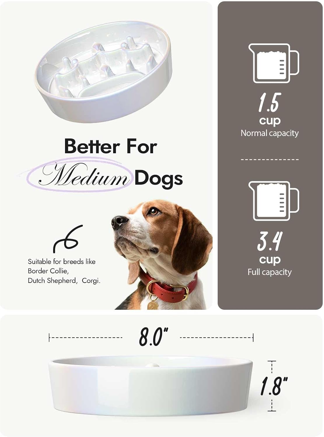 LE TAUCI Cuencos para perros de cerámica de alimentación lenta, cuenco de alimentación lenta de 1.5 tazas para razas pequeñas y medianas, cuenco de comida para perros de rompecabezas para comer rápido