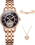 OLEVS Reloj de pulsera automático con diamantes Tourbillon de lujo de acero inoxidable, impermeable, luminoso, para regalo de mujer, oro rosa, azul cielo estrellado, plateado