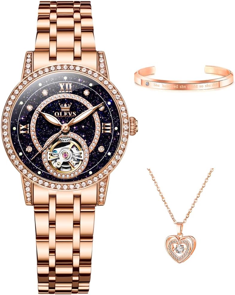 OLEVS Reloj de pulsera automático con diamantes Tourbillon de lujo de acero inoxidable, impermeable, luminoso, para regalo de mujer, oro rosa, azul cielo estrellado, plateado