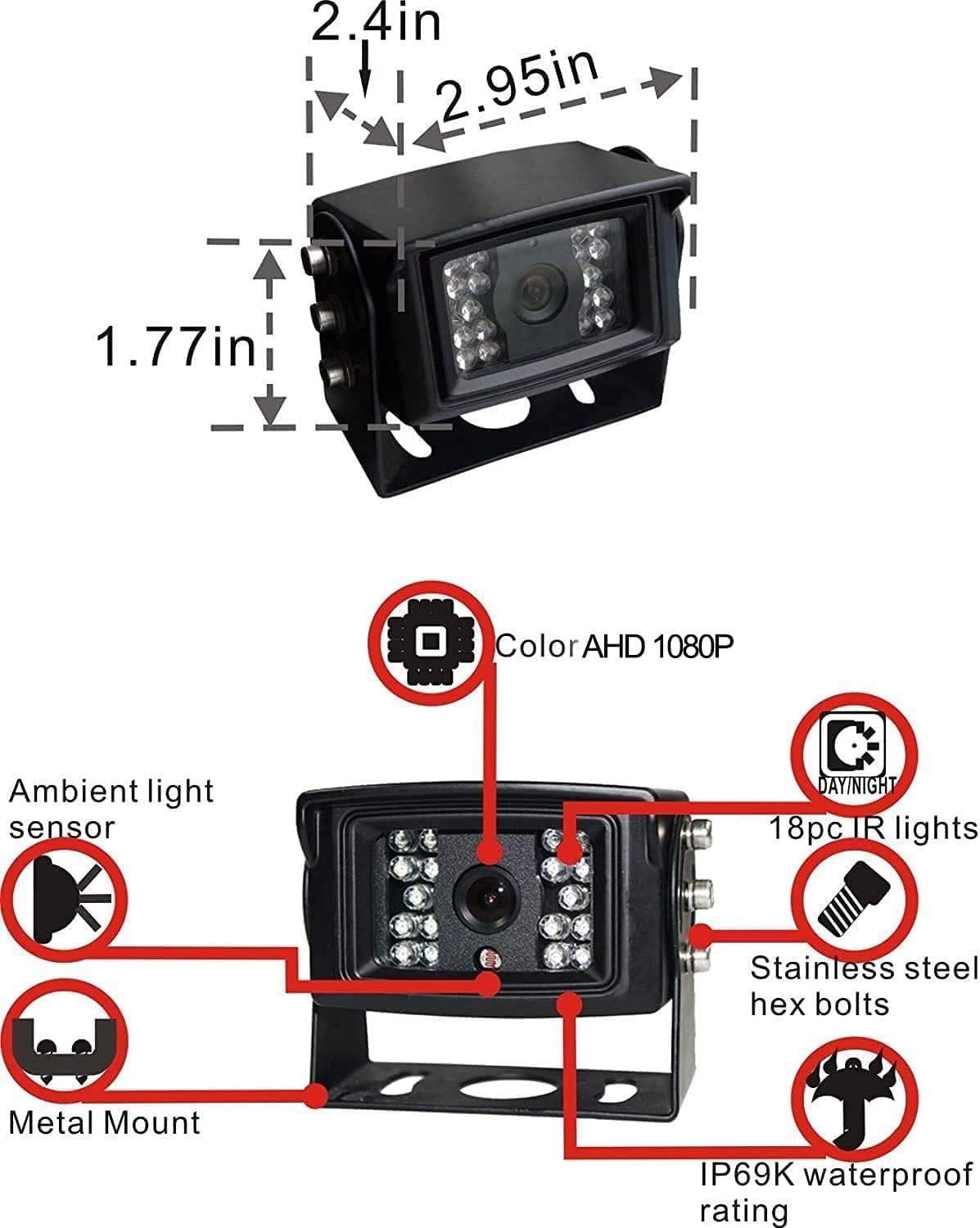 AHD 1080P Sistema de cámara de visión trasera inversa de 7 pulgadas, cámara