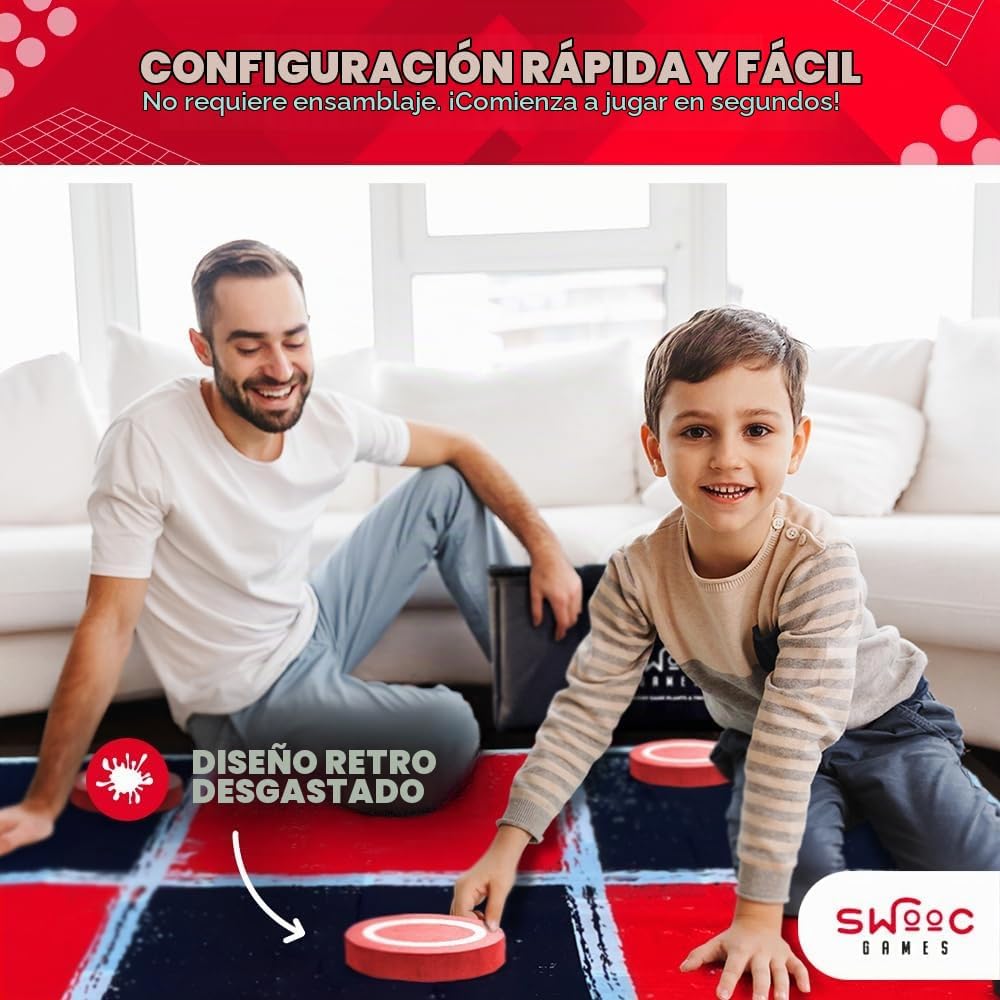 Swooc Games® - Juego de Damas Gigantes Vintage 2 en 1 y Tic Tac Toe con Tapete (4 pies x 4 pies) - Lona 100% Lavable a Máquina - Juegos Gigantes al Aire Libre para Niños - Juego de Patio para Niños