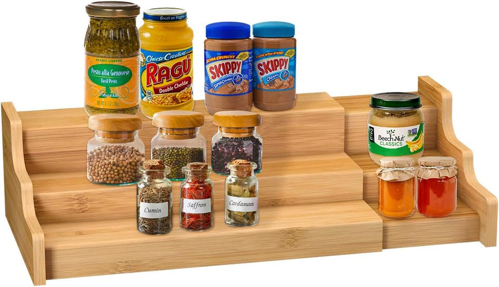 Organizador de gabinete de cocina para especias, estante de exhibición expandible de bambú de 3 niveles, color amarillo