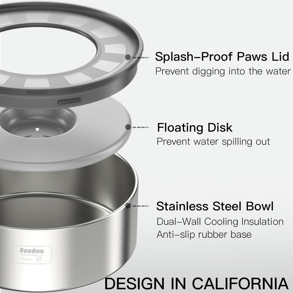 Feedoo Tazón de Agua de 1 Galón sin Derrame para Perros, de Acero Inoxidable de Doble Pared con Tapa Antisalpicaduras y Disco Flotante, Base Antideslizante, Comedero de Agua Lento Fácil de Limpiar