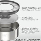 Feedoo Tazón de Agua de 1 Galón sin Derrame para Perros, de Acero Inoxidable de Doble Pared con Tapa Antisalpicaduras y Disco Flotante, Base Antideslizante, Comedero de Agua Lento Fácil de Limpiar