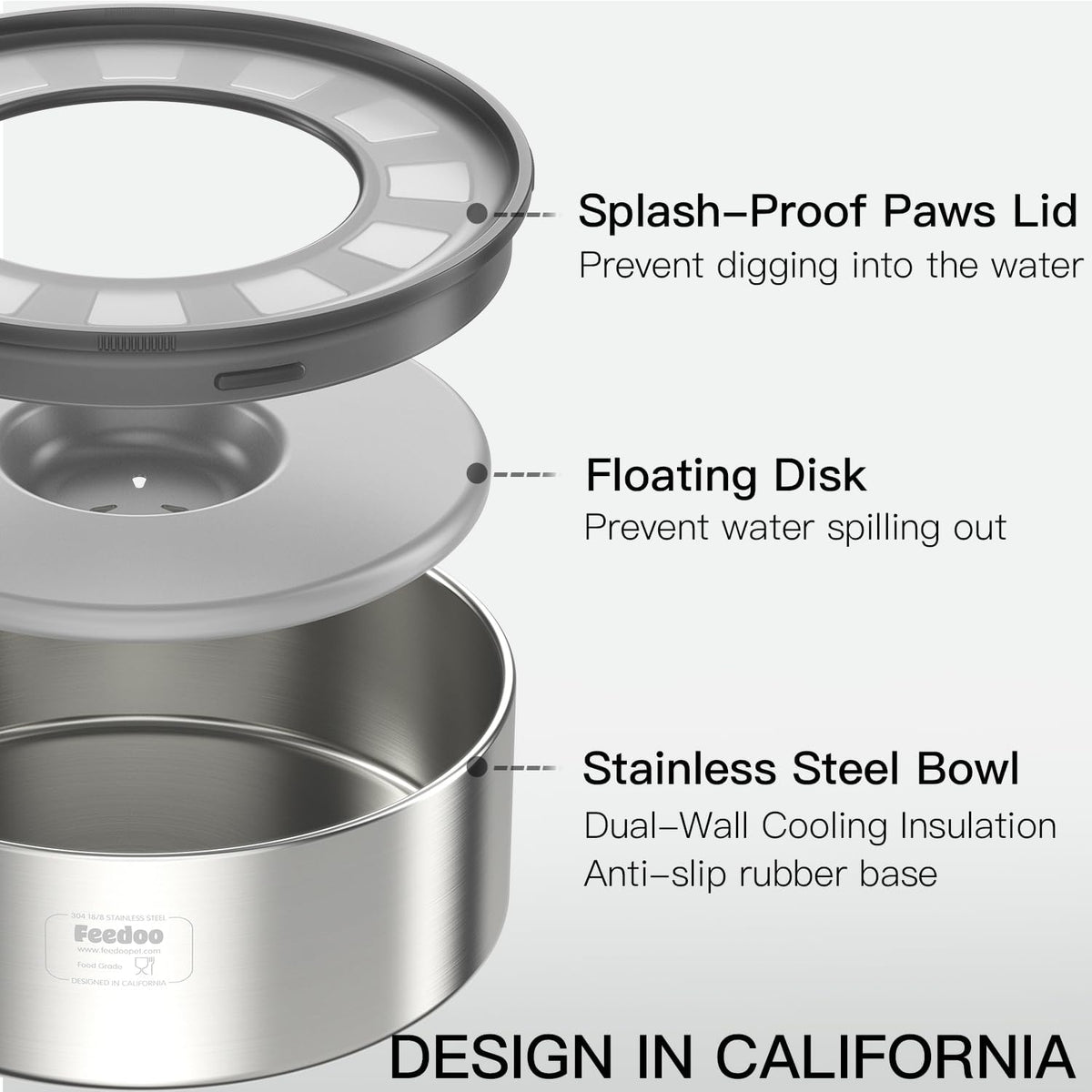 Feedoo Tazón de Agua de 1 Galón sin Derrame para Perros, de Acero Inoxidable de Doble Pared con Tapa Antisalpicaduras y Disco Flotante, Base Antideslizante, Comedero de Agua Lento Fácil de Limpiar