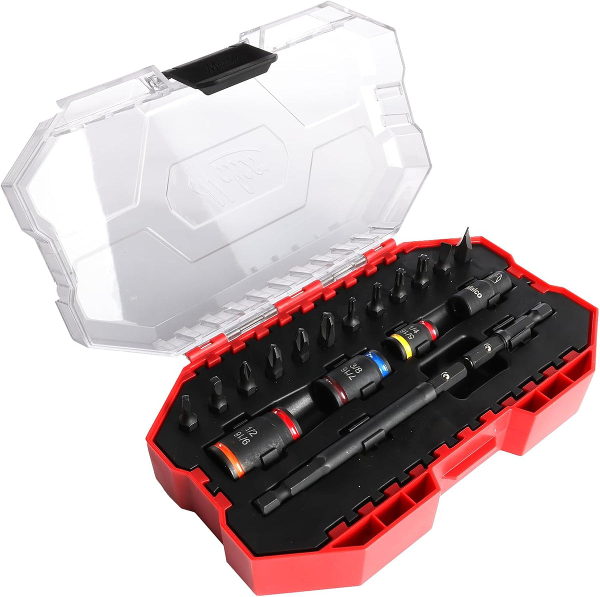 Malco KITCRB C-RHEX Juego de instalación de dados con estuche premium - Tamaños hex reversibles limpiables (1/4"-9/16"), 2 ejes magnéticos, 12 puntas resistentes a impactos