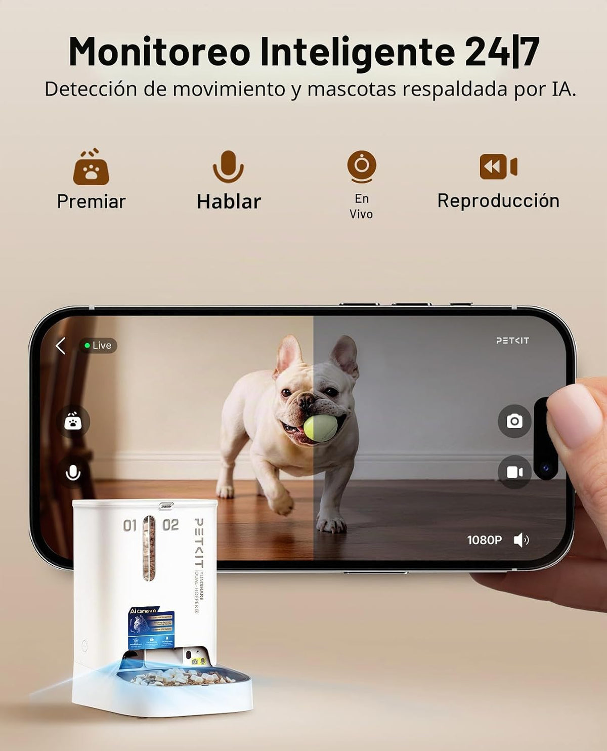 PETKIT Comedero automático para perros y gatos con cámara, captura de movimiento alimentado por IA, video HD 1080P con visión nocturna, alimentador WiFi de 2.4 G para mascotas con audio de 2 vías