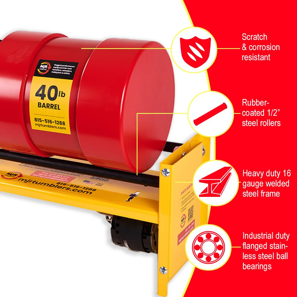 Pulidor de Rocas de Servicio Comercial de 40 libras con Kit de Abrasivo Gratuito. Capaz de operar con 18 tamaños y combinaciones de barril diferentes. Calidad y durabilidad inigualables