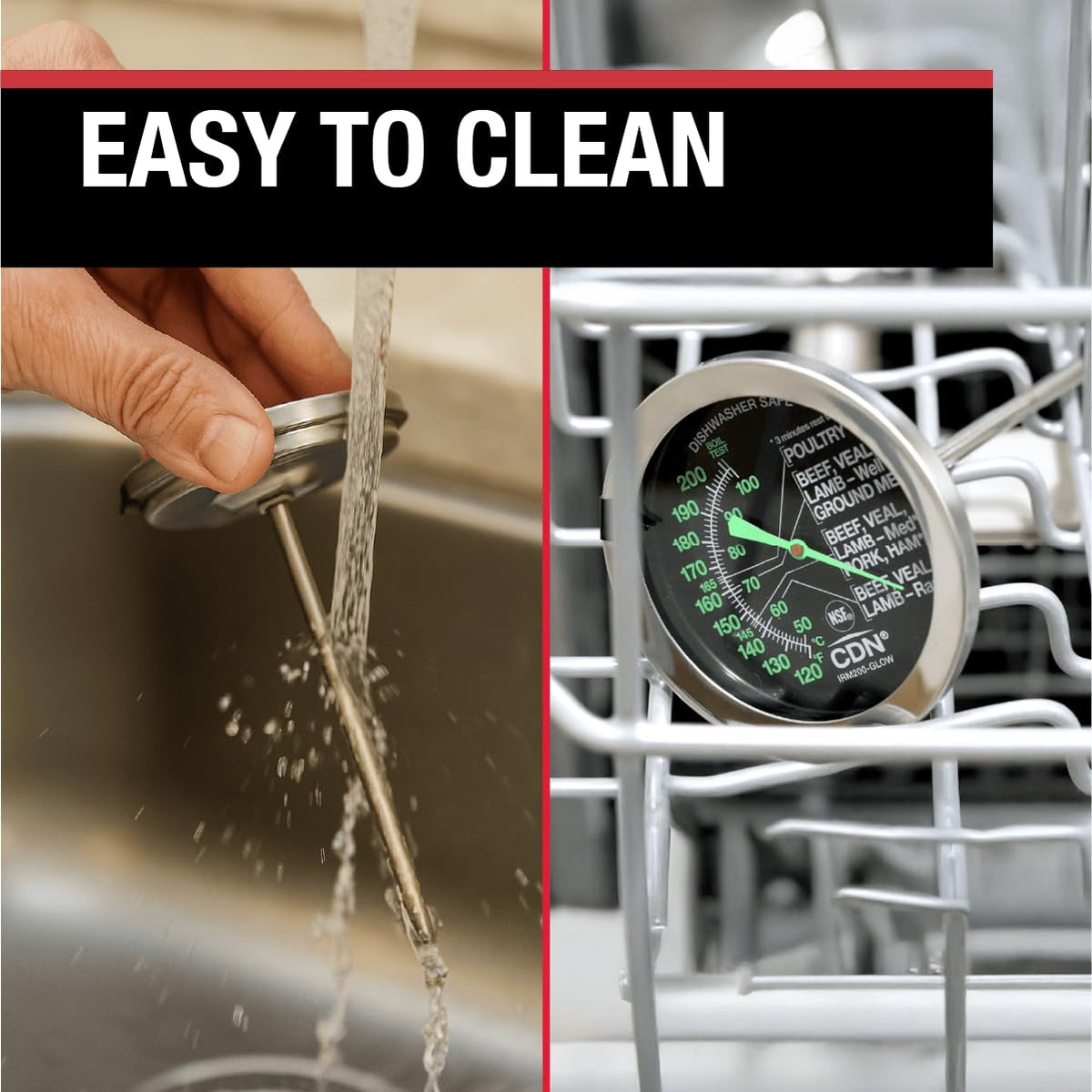 CDN Termómetro de carne a prueba de horno - Dial brillante | ProAccurate® | Dial de fácil lectura de 2 pulgadas | Impermeable, Recalibrable | Para asar en horno, aves, carne de res, barbacoa | IRM200